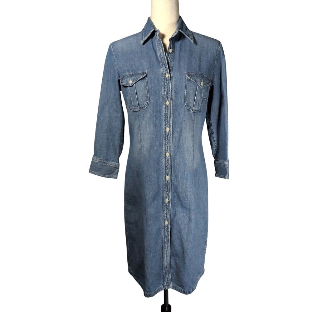 Polo Jeans Ralph Lauren Denim Shirt Dress Blue Button Down 3/4 Sleeve Sz Small